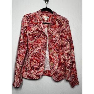 Coldwater Creek Jacket Red Orange Paisley Pocket Button-Up Long Sleeve Sz 12